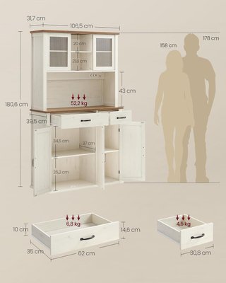 Credenza de Cocina con Luz y Toma de Corriente, Mueble de Despensa de Cocina con Puertas y Cajón, 39,5 x 106,5 x 180,6 cm, con Estantes Regulables, Estilo Campestre, Blanco Vintage y Marrón Miel B...