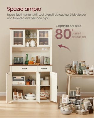 Credenza de Cocina con Luz y Toma de Corriente, Mueble de Despensa de Cocina con Puertas y Cajón, 39,5 x 106,5 x 180,6 cm, con Estantes Regulables, Estilo Campestre, Blanco Vintage y Marrón Miel B...