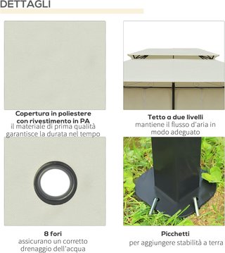 Gazebo da Giardino 3x4 M con Tende e Tetto a 2 Livelli in Acciaio e Poliestere, Bianco Crema