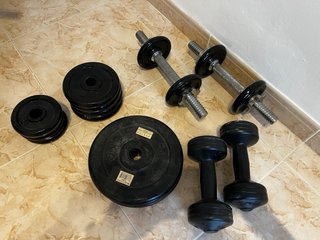 Banco abdominales + Kit pesas con discos