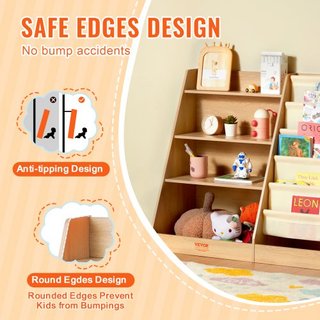 Estantería de Madera para Niños de 4 Niveles, Librero de Tela de Seis Capas, Rack de Almacenamiento para Bebés, Armario Organizador de Libros y Juguetes, para Habitación Infantil, Sala de Juegos, ...