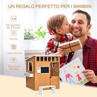 Casa de Niños de Madera con Puerta, Ventanas, Banco y Macetero, Casa de Juego para Jardín, 122X108X135.5Cm Amarilla