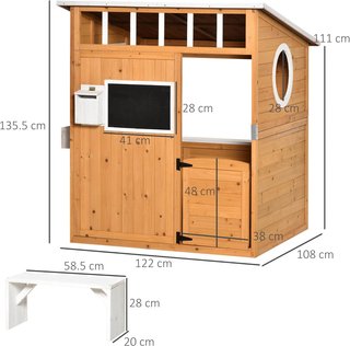 Casa de Niños de Madera con Puerta, Ventanas, Banco y Macetero, Casa de Juego para Jardín, 122X108X135.5Cm Amarilla