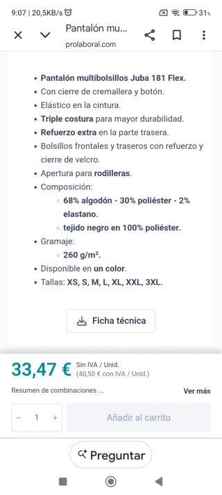 Pantalón trabajo Juba Flex