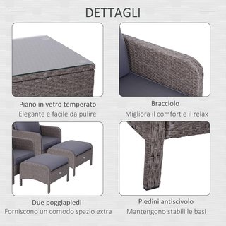 Conjunto de Muebles de Jardín 2 Sillones 2 Puff 1 Mesa de Vidrio Templado Rattan Gris