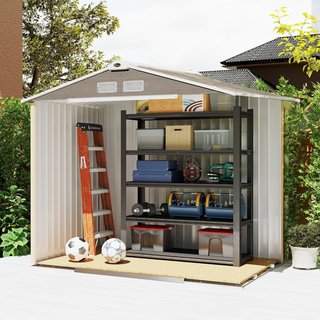 Caseta de Jardín para Herramientas de Hoja de Acero con Fundación, 2.42M² Cobertizo de Jardín de Acero con Puertas Correderas, 213X130X185 Cm, Marrón Claro