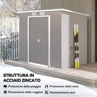 Caseta de Jardín 2.42M² de Acero Galvanizado con Kit de Fundación, Salidas de Aire, Cobertizo para Herramientas con Doble Puerta Corredera Bloqueable, Techo Inclinado, 213X130X172 Cm, Gris