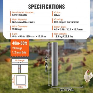 Malla de Hardware, 1/2 pulgada 48in x 50 pies 19 Gauge, Malla de Alambre Galvanizado por Inmersión en Caliente, Cercado de Alambre para Pollos, Malla de Alambre para Jaulas de Conejos, Jardín, Peq...