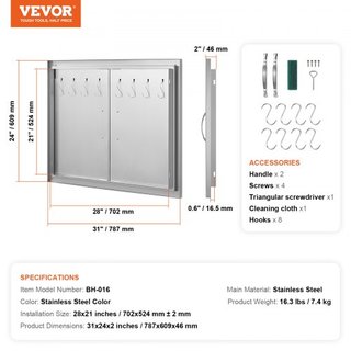 Puerta de Acceso para BBQ, Puerta Doble para Cocina Exterior de 787x609 mm, Puerta de Montaje Flush de Acero Inoxidable, Puerta Vertical de Doble Pared con Manijas y Ganchos, para Isla de BBQ, Est...