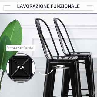 Set de 4 Taburetes Ergonómicos con Respaldo Extraíble y Reposapiés, Taburetes de Cocina de Metal, 44X46X116 Cm, Negro