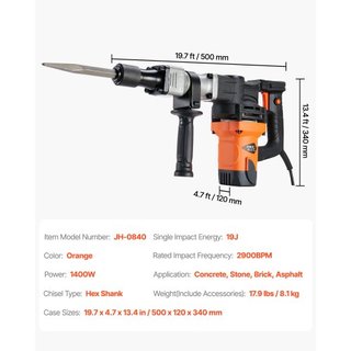 Martillo Demoledor Eléctrico de 1400W con 2 Puntas de Cincel
