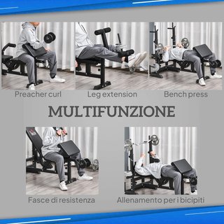 Banco de Gimnasio con Soporte para Barra y Respaldo Ajustable, Banco de Pesas con Extensión de Piernas y Curl de Piernas, Soporte para Barras, para Gimnasio en Casa, Negro