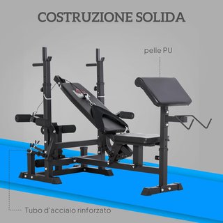 Banco de Gimnasio con Soporte para Barra y Respaldo Ajustable, Banco de Pesas con Extensión de Piernas y Curl de Piernas, Soporte para Barras, para Gimnasio en Casa, Negro