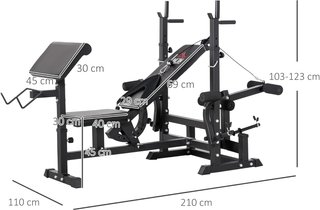 Banco de Gimnasio con Soporte para Barra y Respaldo Ajustable, Banco de Pesas con Extensión de Piernas y Curl de Piernas, Soporte para Barras, para Gimnasio en Casa, Negro