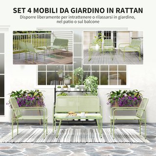 Conjunto de Muebles de Jardín de Rattan 4 Piezas, Salón de Exterior con Sofá de 2 Plazas, 2 Sillones, Mesa de Café de Vidrio, Conjunto de Jardín Exterior de Acero para Terraza y Balcón, Verde