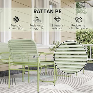 Conjunto de Muebles de Jardín de Rattan 4 Piezas, Salón de Exterior con Sofá de 2 Plazas, 2 Sillones, Mesa de Café de Vidrio, Conjunto de Jardín Exterior de Acero para Terraza y Balcón, Verde