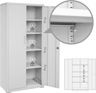 Armario de Garaje de 5 Estantes con 2 Puertas, Armario de Oficina, 40 X 80 X 180 Cm, 1 Cerradura, Estantes Ajustables, Armario de Metal, Gris Mate OMC015G01