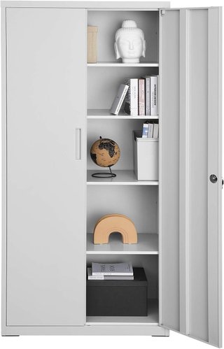 Armario de Garaje de 5 Estantes con 2 Puertas, Armario de Oficina, 40 X 80 X 180 Cm, 1 Cerradura, Estantes Ajustables, Armario de Metal, Gris Mate OMC015G01