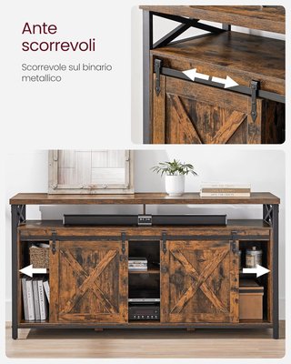 Mueble de TV para Televisor de Hasta 65 Pulgadas, Mesa de TV con Estantes Ajustables, Puertas Estilo Granero, Vintage, Estructura de Metal, Marrón Vintage y Negro LTV071B01V1