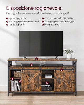 Mueble de TV para Televisor de Hasta 65 Pulgadas, Mesa de TV con Estantes Ajustables, Puertas Estilo Granero, Vintage, Estructura de Metal, Marrón Vintage y Negro LTV071B01V1