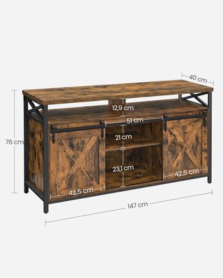 Mueble de TV para Televisor de Hasta 65 Pulgadas, Mesa de TV con Estantes Ajustables, Puertas Estilo Granero, Vintage, Estructura de Metal, Marrón Vintage y Negro LTV071B01V1