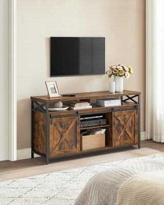 Mueble de TV para Televisor de Hasta 65 Pulgadas, Mesa de TV con Estantes Ajustables, Puertas Estilo Granero, Vintage, Estructura de Metal, Marrón Vintage y Negro LTV071B01V1