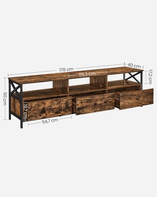 Mueble TV, Mesa Porta TV Hasta 80 Pulgadas, Con 3 Cajones, 3 Compartimentos Abiertos, 178 X 40 X 50 Cm, Sala De Estar, Dormitorio, Estructura De Acero, Marrón Vintage Y Negro LTV302B01