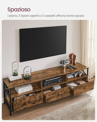 Mueble TV, Mesa Porta TV Hasta 80 Pulgadas, Con 3 Cajones, 3 Compartimentos Abiertos, 178 X 40 X 50 Cm, Sala De Estar, Dormitorio, Estructura De Acero, Marrón Vintage Y Negro LTV302B01