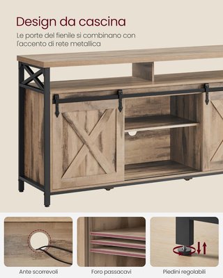 Mueble de TV para Televisores de Hasta 65 Pulgadas, Mesa de TV con Estantes Ajustables, Puertas Estilo Granero, Vintage, Estructura de Metal, Marrón Camello y Negro Sencillo LTV071B50V1
