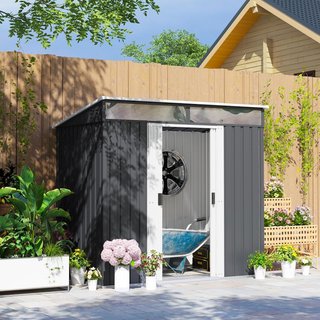 Caseta de Jardín para Herramientas de Acero 1.2X2X1.8M Con Base, Cobertizo de Jardín Con Ventanas Transparentes, Cerradura, Puerta Corredera, Techo Inclinado, 2 Ganchos y 2 Salidas de Aire, Gris