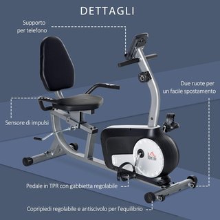 Cyclette da casa con 8 livelli di resistenza, cyclette reclinata orizzontale con ruote, monitor LCD e sedile regolabile, in acciaio e ABS, per palestra a casa, 122-137X62X103Cm