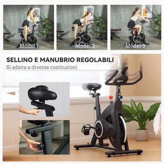 Cyclette domestica con resistenza magnetica, cyclette fitness professionale con manubrio e sedile regolabili, sensore di frequenza cardiaca, monitor LCD, supporto per tablet, volano da 10 kg, ruote, nero
