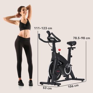 Cyclette domestica con resistenza magnetica, cyclette fitness professionale con manubrio e sedile regolabili, sensore di frequenza cardiaca, monitor LCD, supporto per tablet, volano da 10 kg, ruote, nero