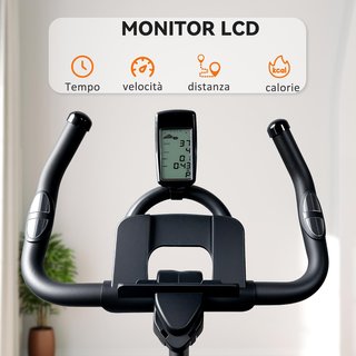 Cyclette domestica con resistenza magnetica, cyclette fitness professionale con manubrio e sedile regolabili, sensore di frequenza cardiaca, monitor LCD, supporto per tablet, volano da 10 kg, ruote, nero