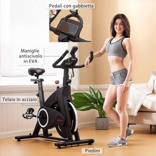 Cyclette domestica con resistenza magnetica, cyclette fitness professionale con manubrio e sedile regolabili, sensore di frequenza cardiaca, monitor LCD, supporto per tablet, volano da 10 kg, ruote, nero