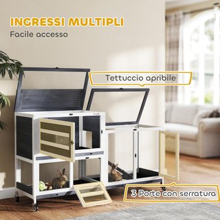 Conejera Interior de 2 Niveles, Jaula para 2-3 Conejos con 6 Ruedas, Rampa, Techo Abatible, Área Abierta y 3 Bandejas, Casa para Conejos de Madera de Abeto, 147X45X89.5 Cm, Gris