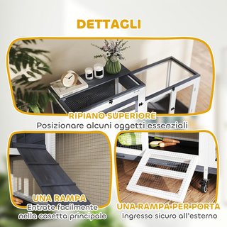 Conejera Interior de 2 Niveles, Jaula para 2-3 Conejos con 6 Ruedas, Rampa, Techo Abatible, Área Abierta y 3 Bandejas, Casa para Conejos de Madera de Abeto, 147X45X89.5 Cm, Gris