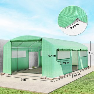 Invernadero de Túnel 6X3X2 M Con 3 Puertas Enrollables, 6 Ventanas, Estacas y Cuerdas, Invernadero de Jardín para Huerto y Plantas de Acero Galvanizado y PE, Verde