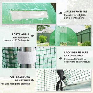 Invernadero de Jardín a Túnel con Puerta y 8 Ventanas, Invernadero de Jardín en PE y Metal Galvanizado, para Cultivo de Plantas, 600X300X200Cm