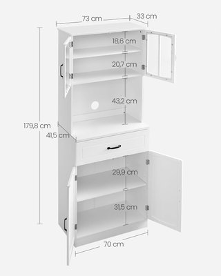 Alto Mueble de Cocina, Alacena Móvil de Cocina con Puertas de Vidrio y Estantes Ajustables, Cajón, Orificio para Cables, para Microondas, Estilo Moderno, Blanco LSC361W21