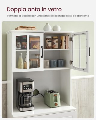 Alto Mueble de Cocina, Alacena Móvil de Cocina con Puertas de Vidrio y Estantes Ajustables, Cajón, Orificio para Cables, para Microondas, Estilo Moderno, Blanco LSC361W21