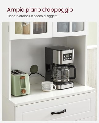 Alto Mueble de Cocina, Alacena Móvil de Cocina con Puertas de Vidrio y Estantes Ajustables, Cajón, Orificio para Cables, para Microondas, Estilo Moderno, Blanco LSC361W21