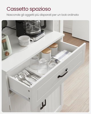 Alto Mueble de Cocina, Alacena Móvil de Cocina con Puertas de Vidrio y Estantes Ajustables, Cajón, Orificio para Cables, para Microondas, Estilo Moderno, Blanco LSC361W21