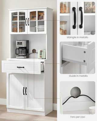Alto Mueble de Cocina, Alacena Móvil de Cocina con Puertas de Vidrio y Estantes Ajustables, Cajón, Orificio para Cables, para Microondas, Estilo Moderno, Blanco LSC361W21
