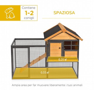 Jaula para Conejos con Casa, Rampa y Área Abierta, Conejera de Madera y Metal Amarillo Claro, 122X63X92Cm
