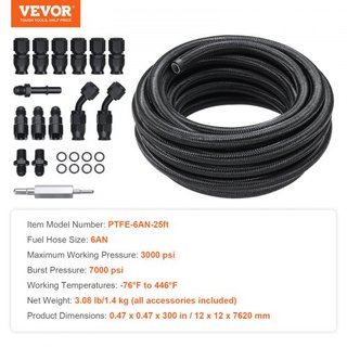 Kit de Línea de Combustible 6AN, Kit de Manguera de Combustible de 25 FT, Kit de Línea de Combustible de PTFE Trenzado de Nylon de Acero Inoxidable de 5/16", Kit de Conectores para E85/aceite/gas/...