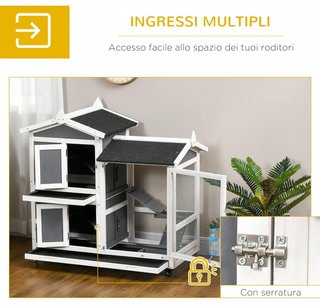 Conejera Exterior para 2 Conejos en Madera de Abeto y Techo de Betún con Bandeja Extraíble y Área de Carrera Compartida, 110X60X104 Cm, Gris y Blanco