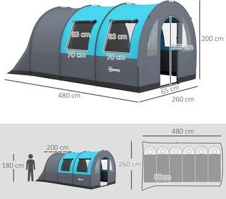 Tienda De Camping 5 Personas Impermeable Con Zona De Noche Y Zona De Día Separadas, Tienda De Senderismo De Poliéster, 480X260X200 Cm, Gris Y Azul