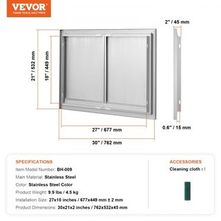 Puerta de Acceso para BBQ, Puerta Doble para Cocina Exterior de 762x532 mm, Puerta de Montaje Flush de Acero Inoxidable, Puerta Vertical de Pared con Mangos Rehundidos, para Isla de BBQ, Estación ...