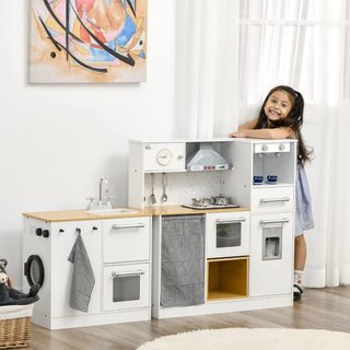 Cocina de Juguete de 2 Piezas para Niños de 3-6 Años con Utensilios de Cocina, Luces y Efectos de Sonido Realistas, en MDF y PP Blanca y Color Madera